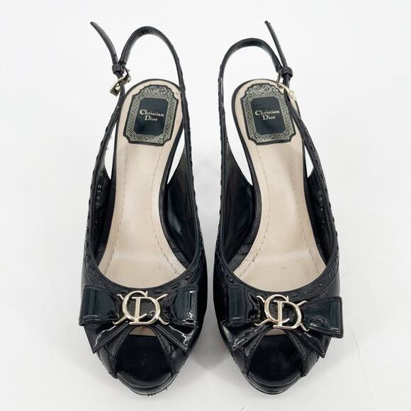 Dior Black Cannage Patent and Leather Bow CD Logo Slingback Pump size 36 - Picture 5 of 11